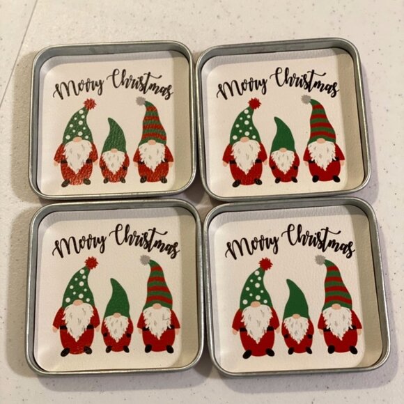 Holiday Christmas Gnome Coaster Set 4 tin coasters plus holder with handle - Picture 5 of 14